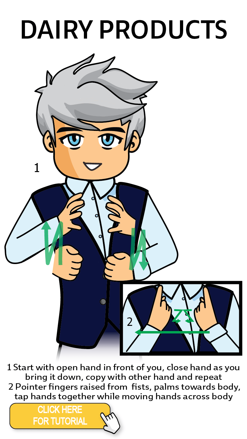 The Cérge character performing sign language for the word Dairy Products. The Keyword Sign instructions are: 1. Start with open hand in front of you, close hands as you bring it down, copy with other hand and repeat. 2. Pointer fingers raised from fists, palms towards body, tap hands together while moving hands across body.